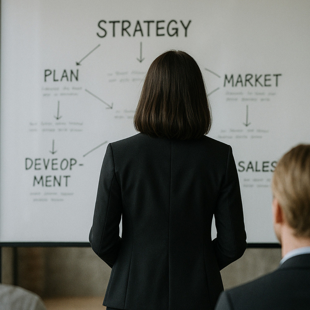 behind shot of a woman presenting the steps for a marketing strategy